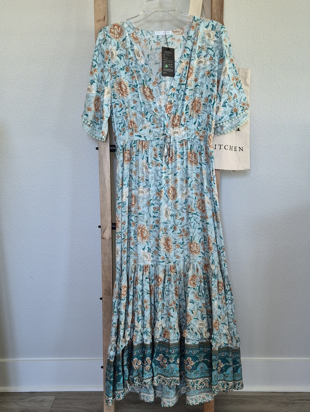 Floral V-Neck Maxi Dress in Light Blue with Tie Waist